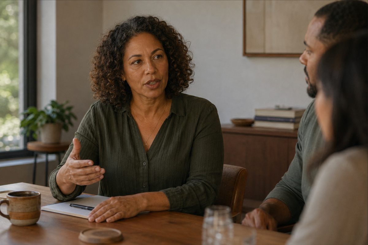 A woman in her late forties mid-sentence in an ordinary meeting room.
