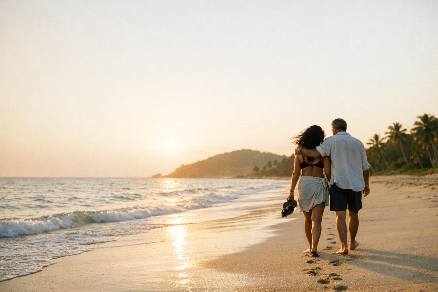 A couple walking together along the waterline of a quiet beach at golden hour, seen from a distance.