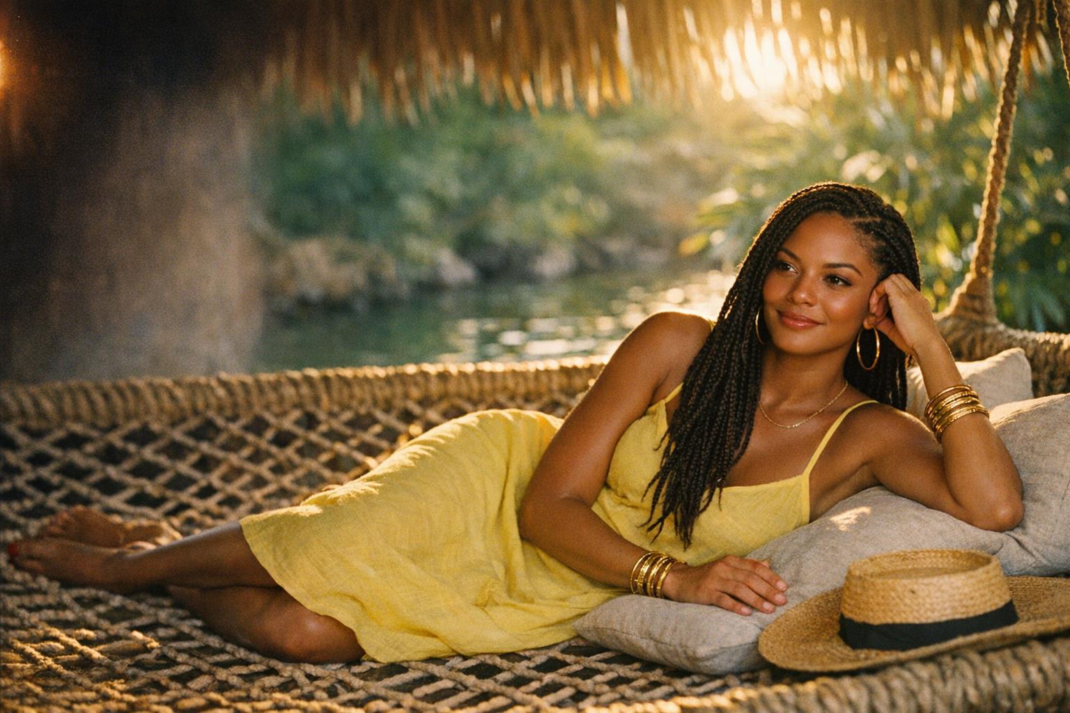 A woman stretched out on a woven hanging daybed under a palapa, golden afternoon light and clear water behind her.