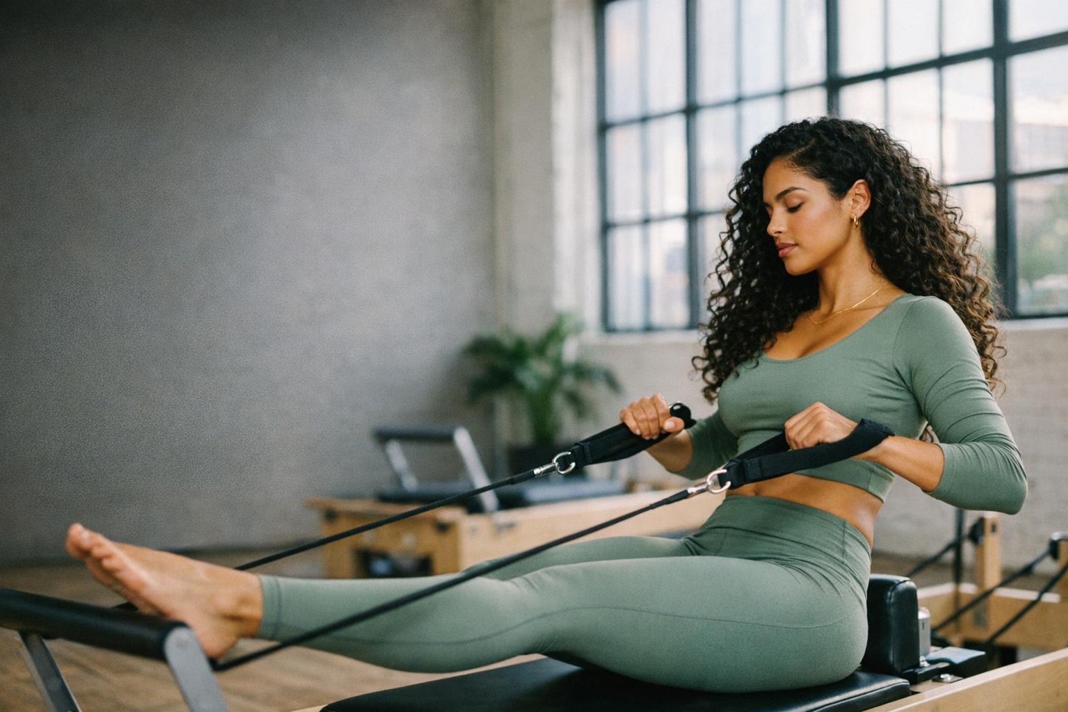 A woman moving through a reformer exercise in a bright studio, absorbed in the effort.