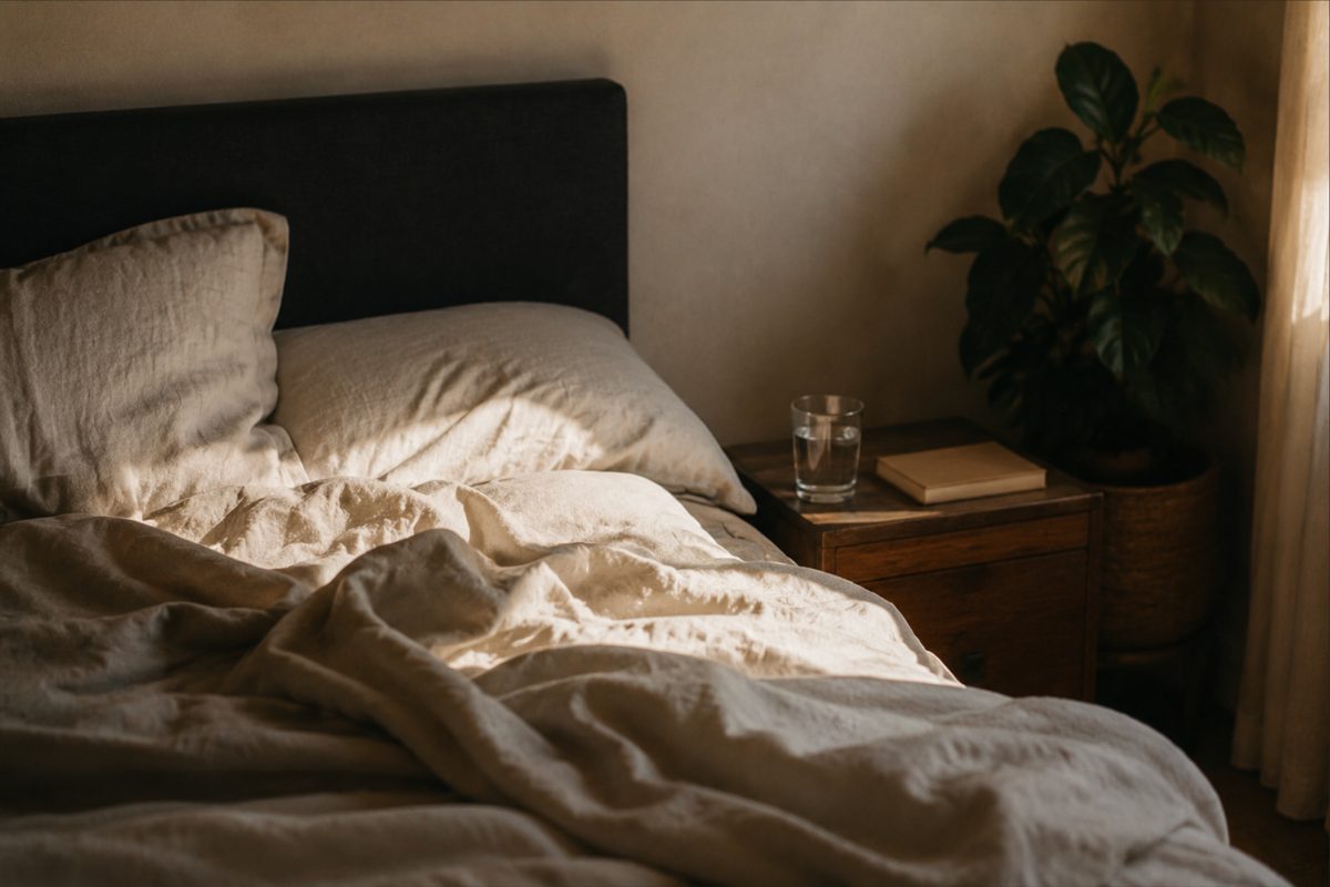 An unmade bed in soft morning light, a glass of water and a book on the bedside table.