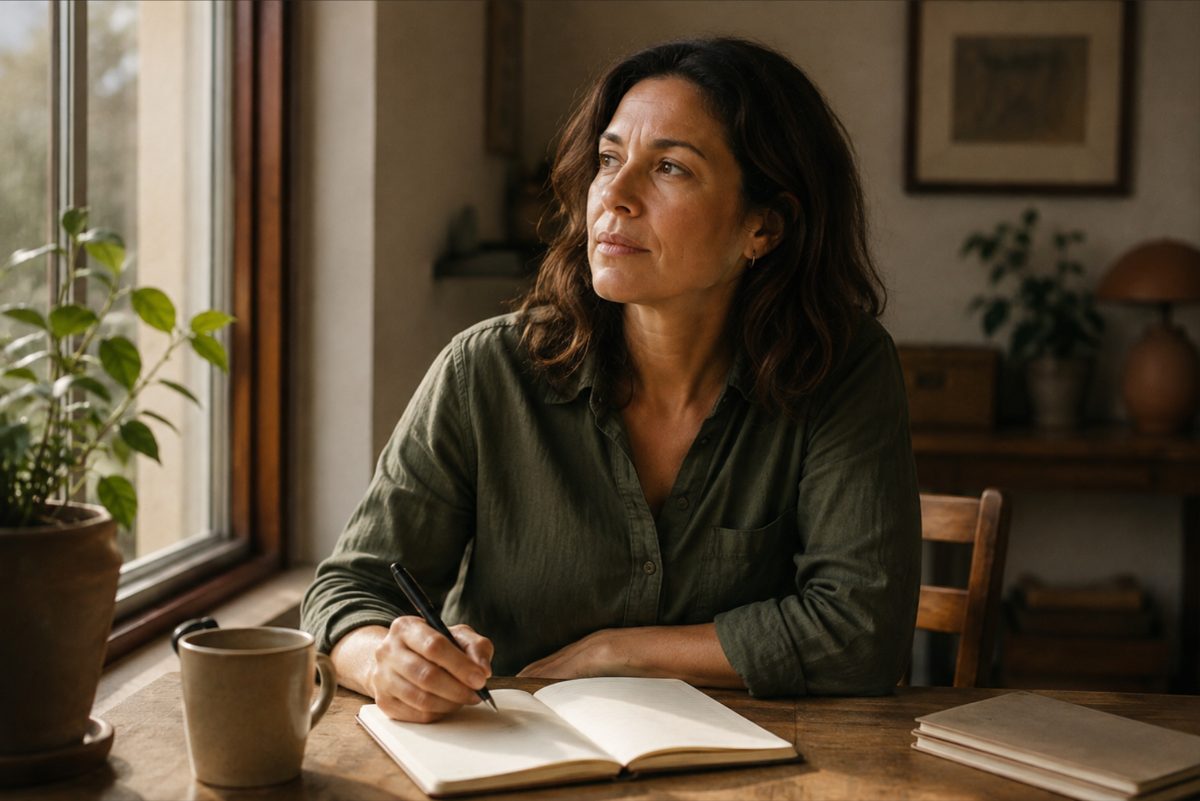 A woman at a desk by a window, pen paused above a notebook, mid-thought.