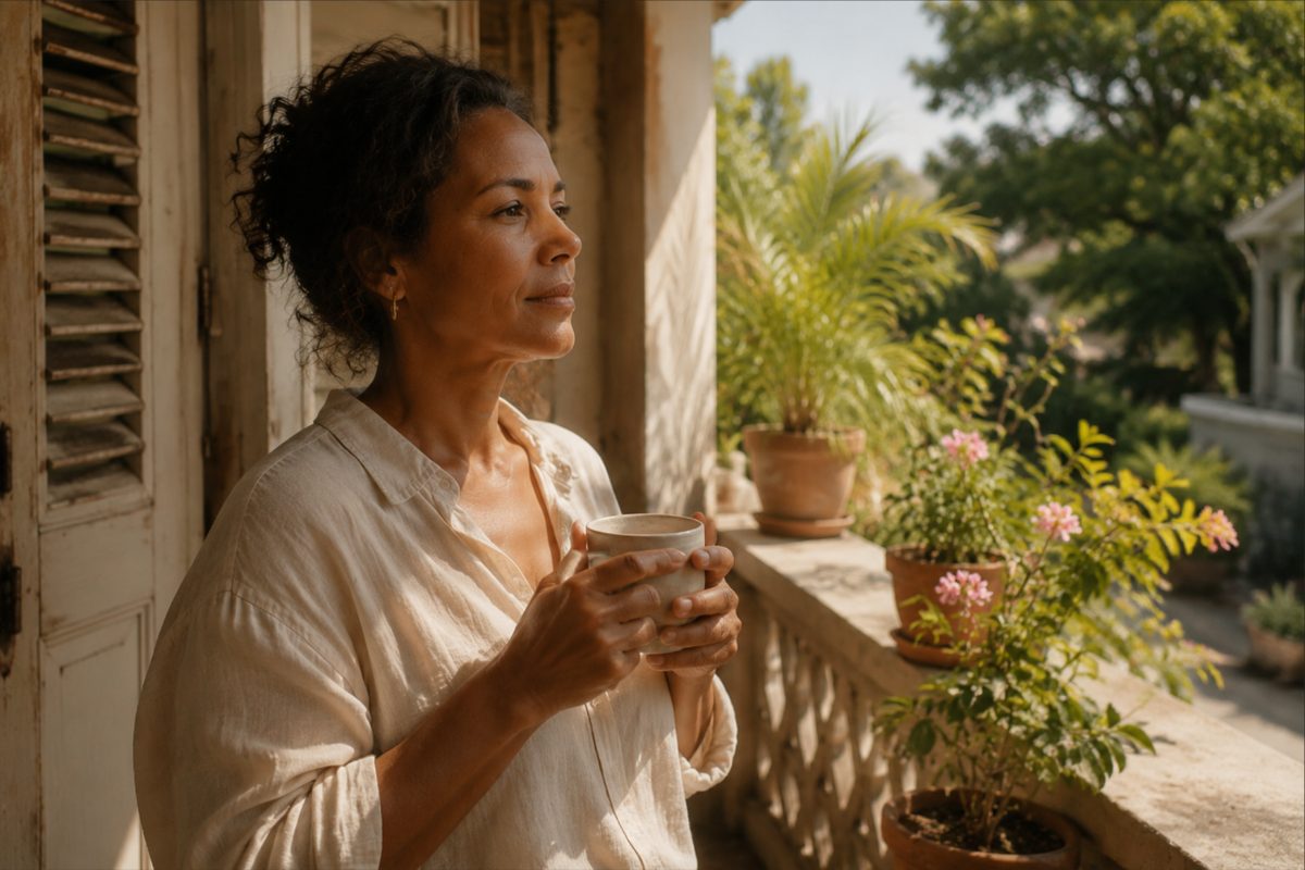 A woman on a Caribbean veranda in the early morning with a cup of coffee.