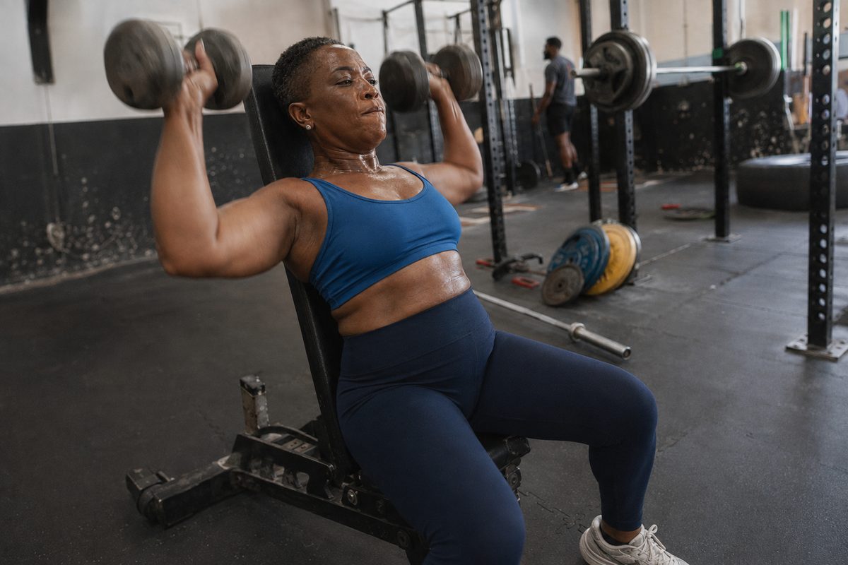 A woman in her late forties mid-repetition on a seated dumbbell shoulder press in an ordinary gym.