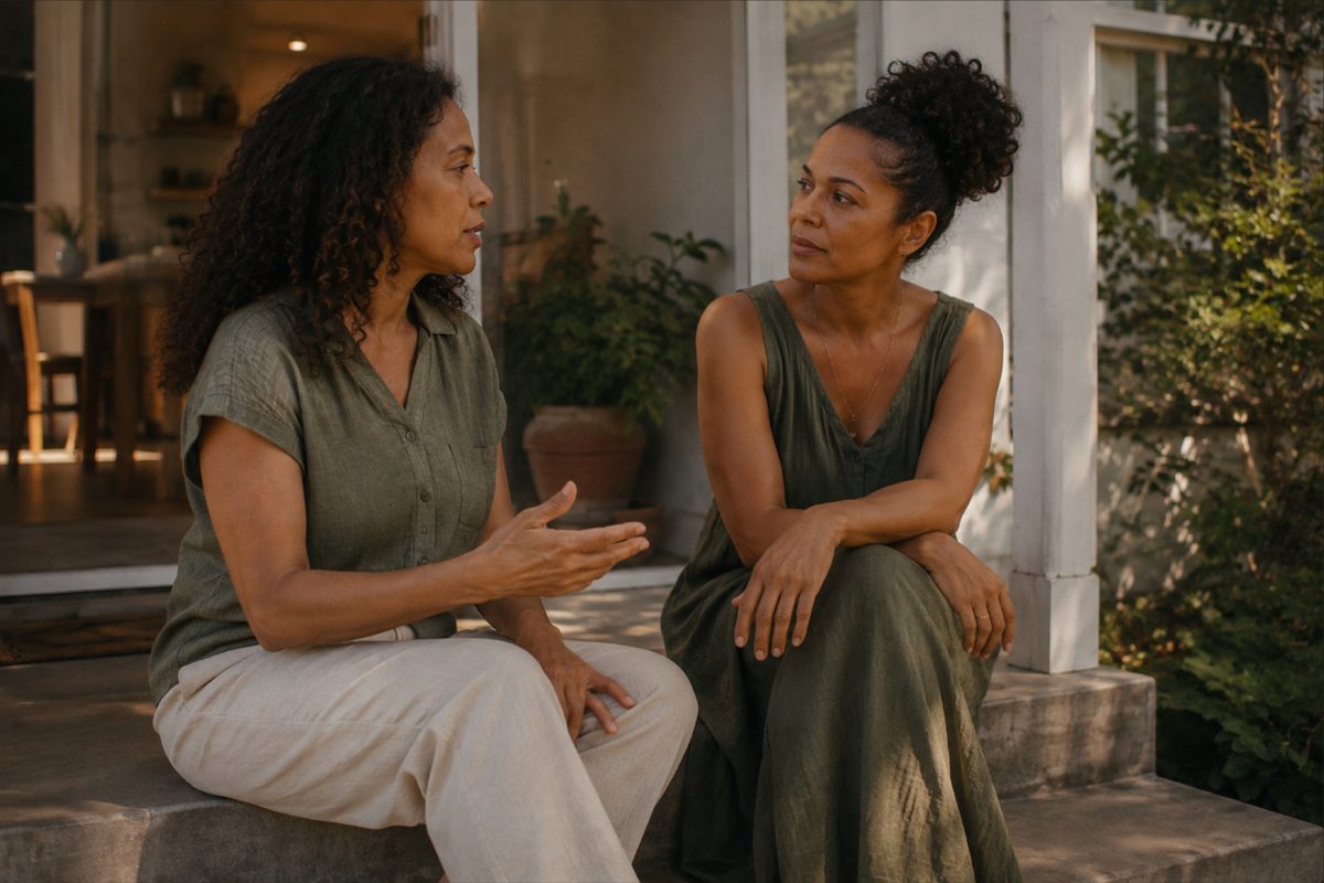 Two Black women in their forties talking on a porch step in warm afternoon light.