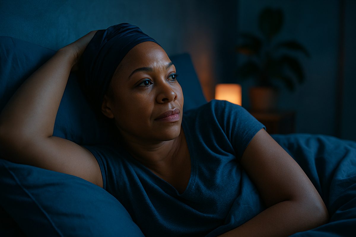 A woman resting on her side in bed in the small hours, awake and at ease.