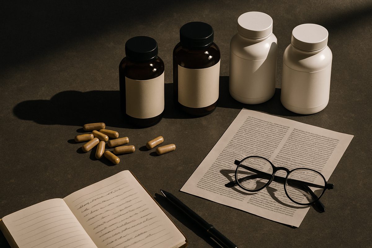Plain unlabelled supplement bottles, loose capsules, a printed research paper and reading glasses on a dark stone surface.
