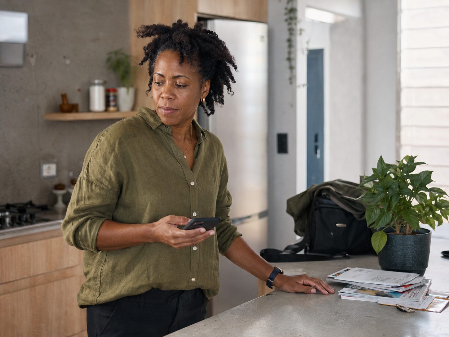 A woman in her forties standing at her kitchen counter in the morning, dressed for work, glancing at her phone.