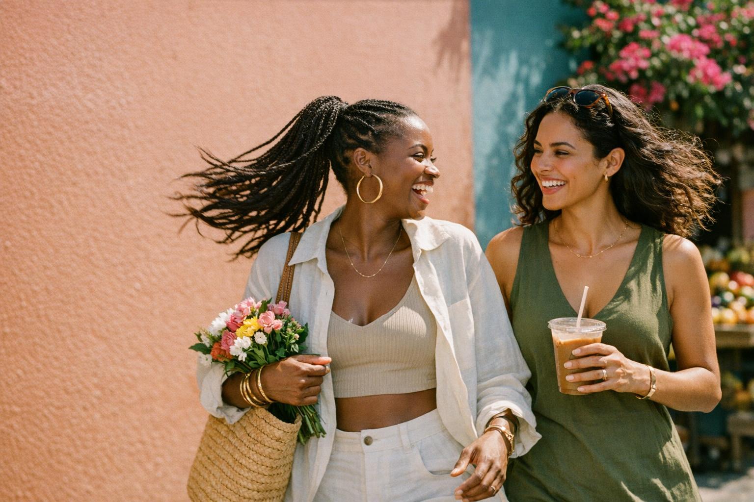 Two friends walking a sunlit Kingston street, laughing mid-conversation, one carrying a bunch of flowers.
