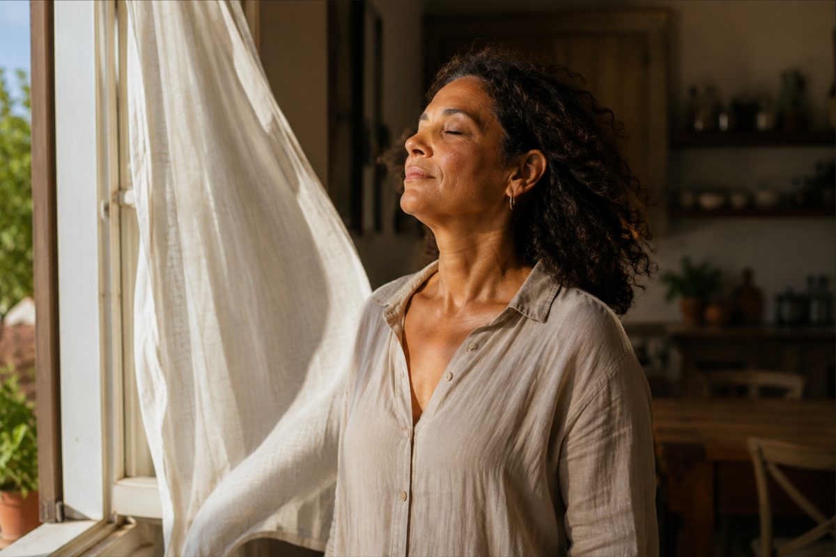 A woman at an open window, head tilted back, letting cool air move across her face.