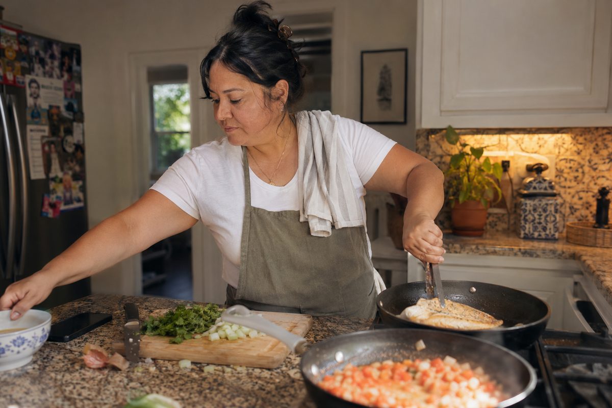 A woman cooking at the stove, turning fish in a pan while reaching for a bowl.