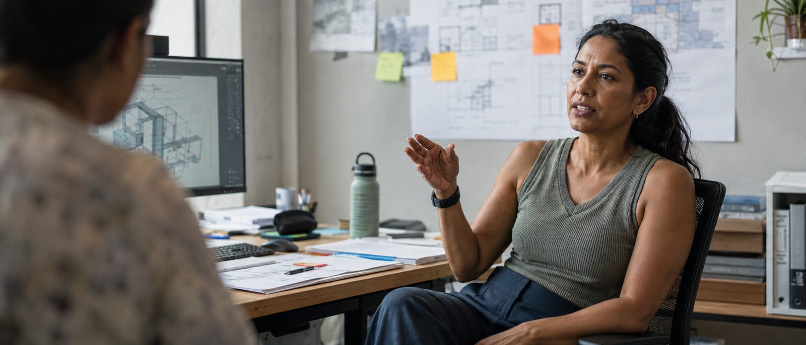 A woman mid-conversation across a desk in a small architectural studio, one hand raised making a point.