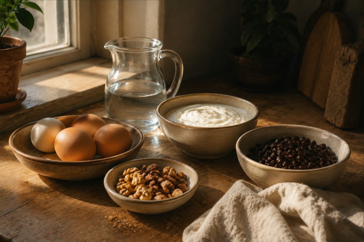 Eggs, yoghurt, beans, nuts and a jug of water on a kitchen counter in morning light.