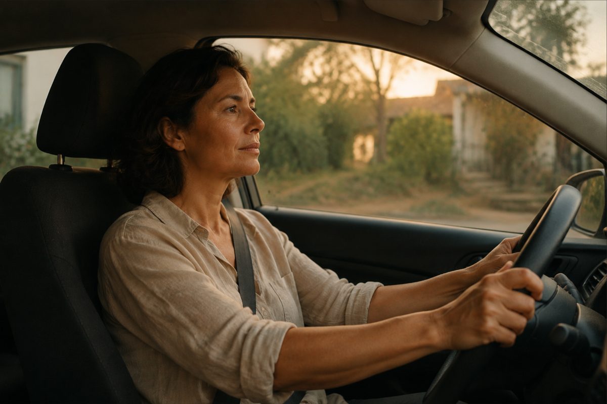 A woman sitting in a parked car at dusk with both hands on the wheel.
