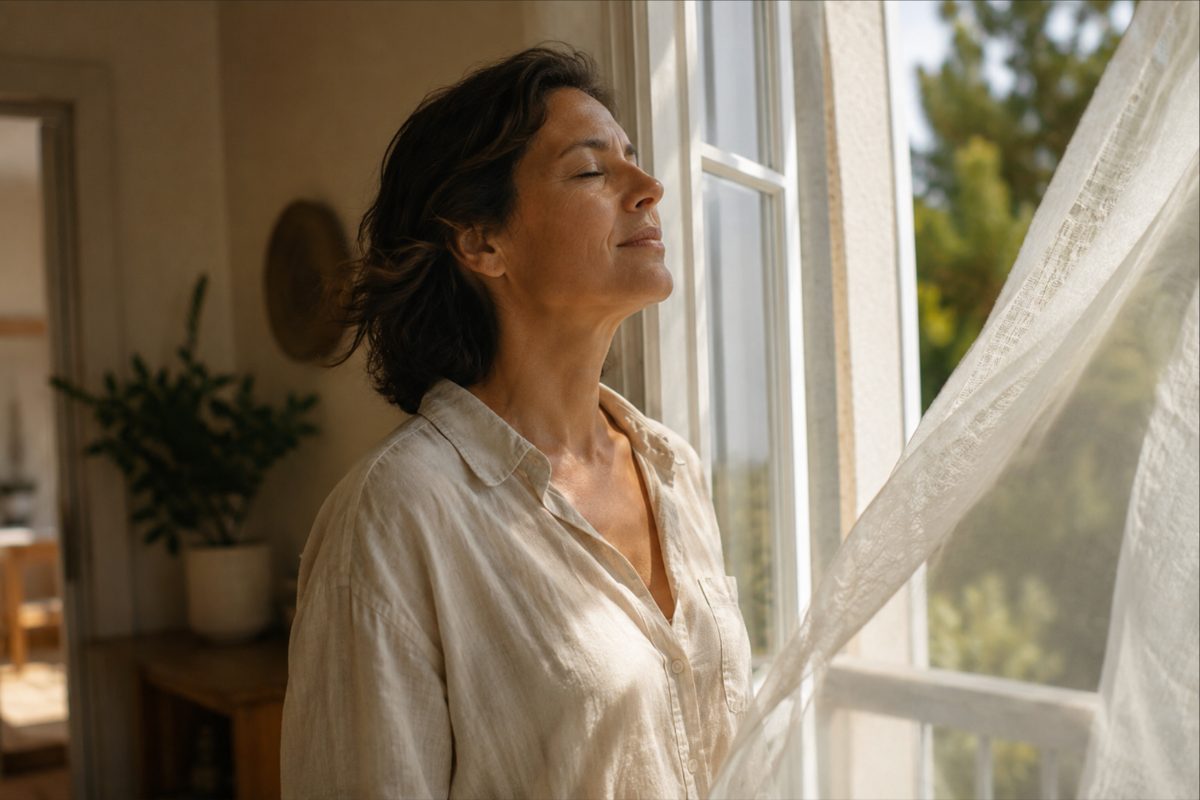 A woman standing at a sunlit window with her eyes closed, breathing slowly.