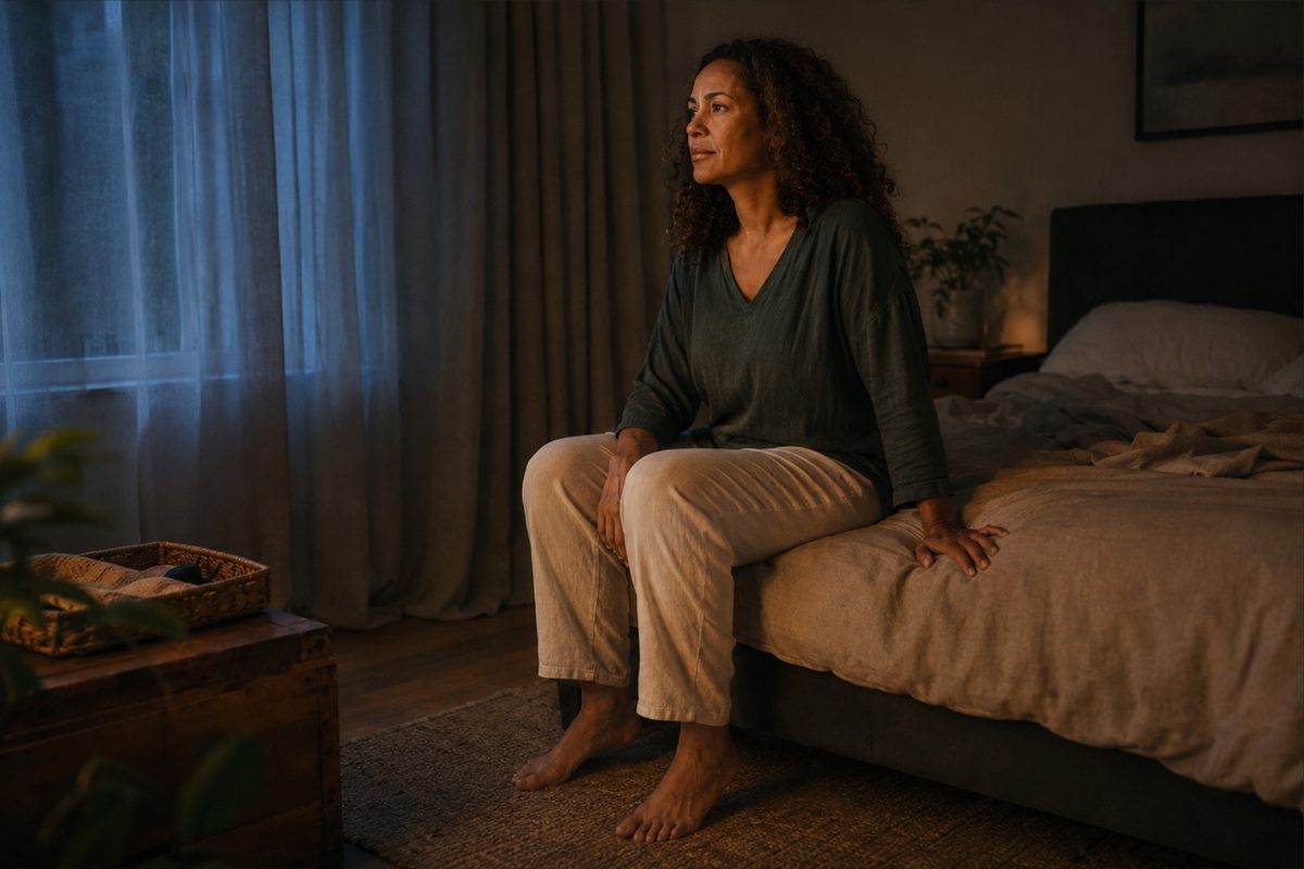 A woman sitting on the edge of her bed in the blue light before dawn.