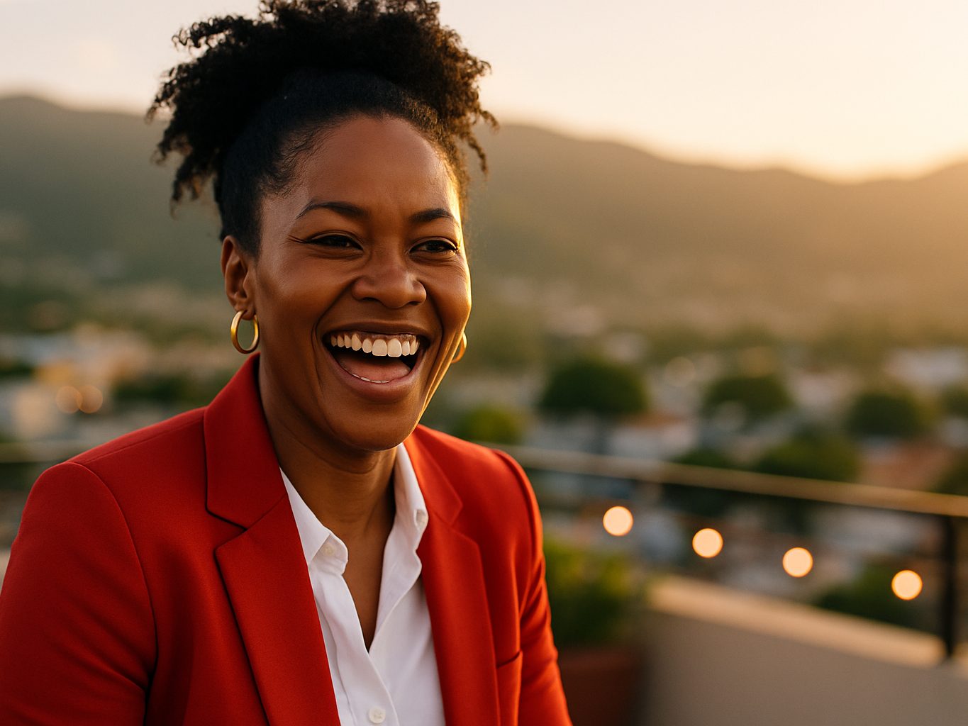 A woman laughing on a rooftop terrace at golden hour, city and hills spread out behind her.