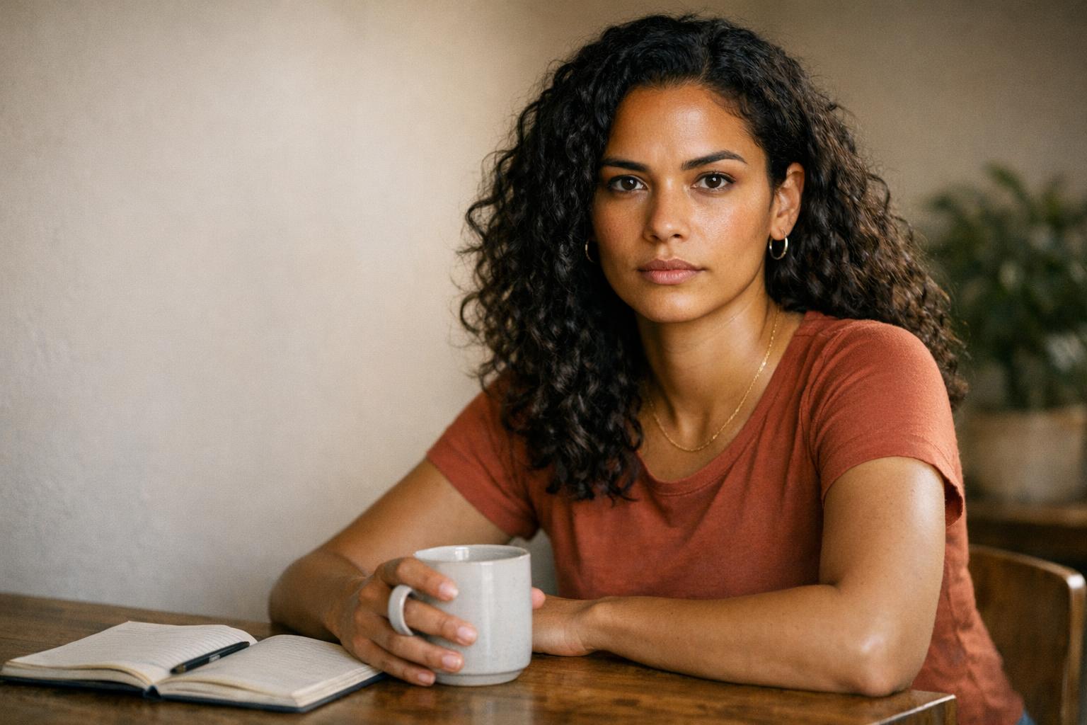 A woman at a table looking straight at the reader, calm and direct.
