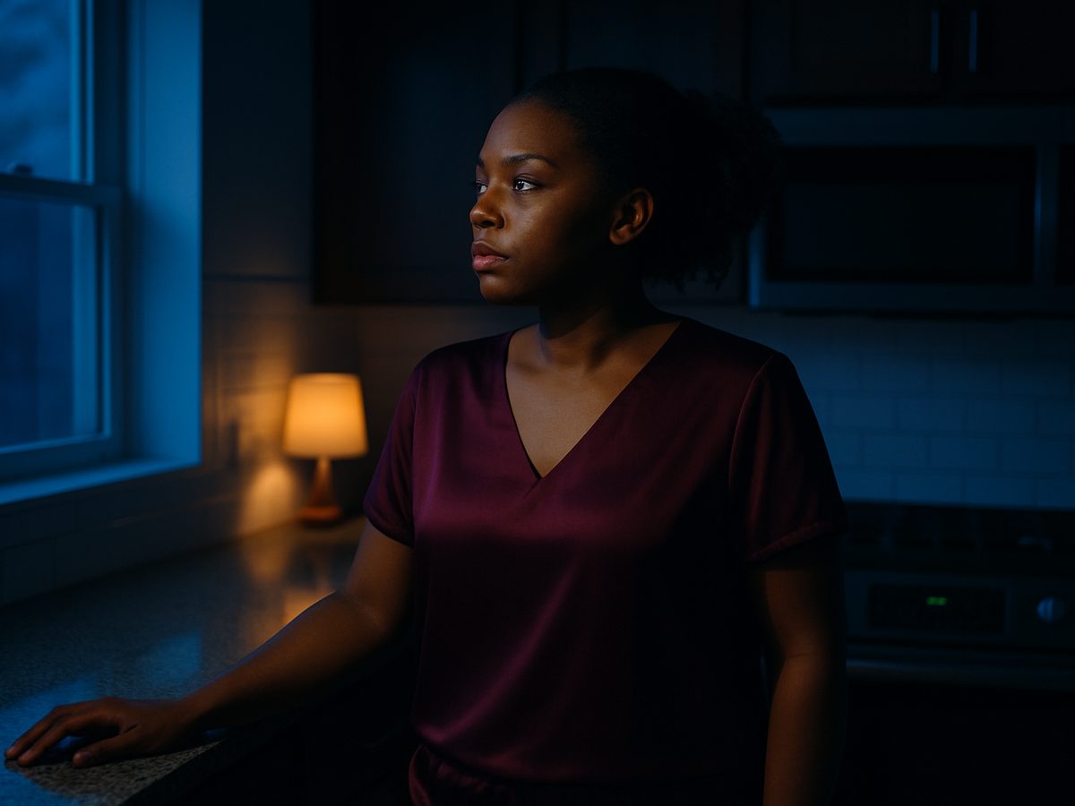 A woman at her kitchen counter in the blue light before sunrise, the house quiet around her.
