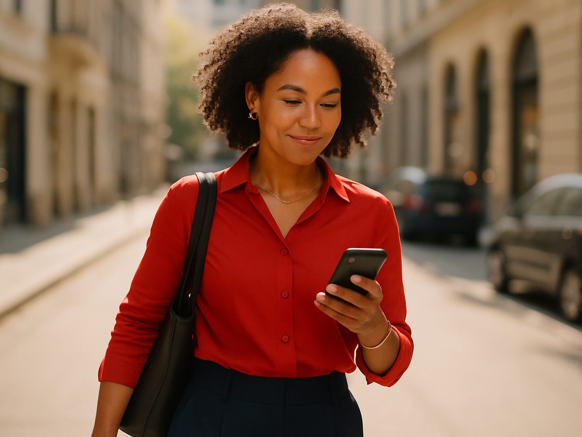 A woman walking a sunlit street at midday, glancing at her phone.