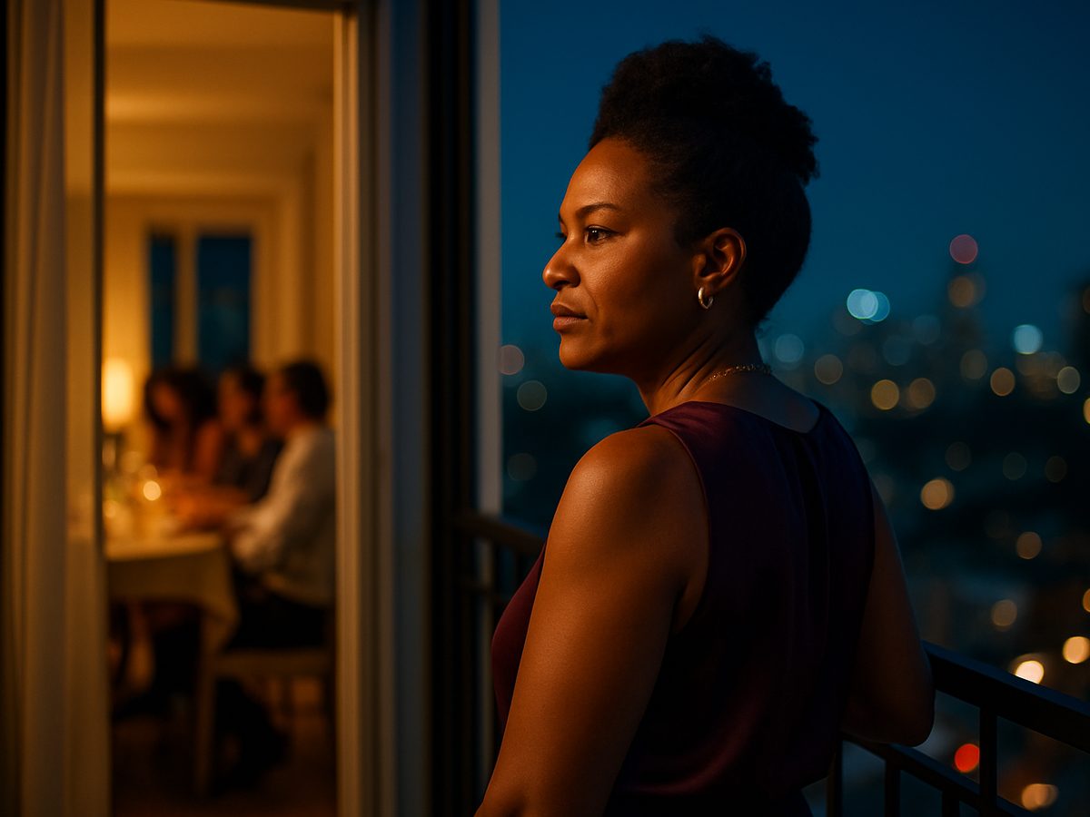 A woman stepping onto a balcony for a moment of cool night air, a warm-lit dinner carrying on behind her.
