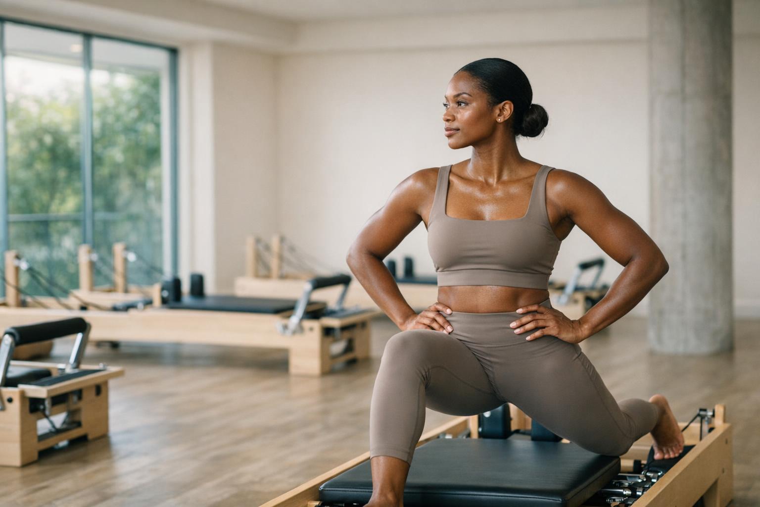 A woman holding a strong lunge on a reformer in a bright, light-filled pilates studio.